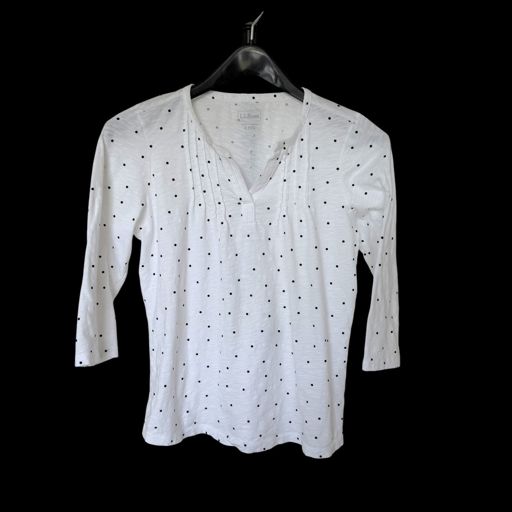 LL Bean Womens Polka Dot Pintuck Pleat Cotton Top White Black Small 501523‎